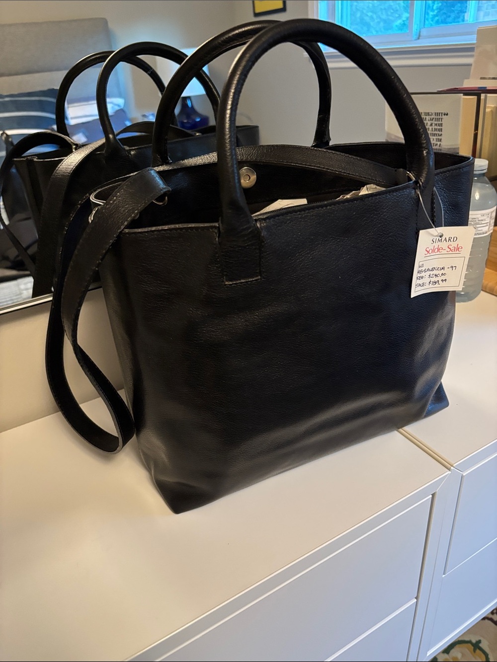Black Leather Tote Bag with Top Handles and Shoulder Strap